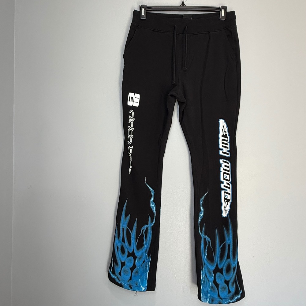 Ninth Hall NH Moto Blue Flame Graphic Sweatpants stacked Mens Small Flare